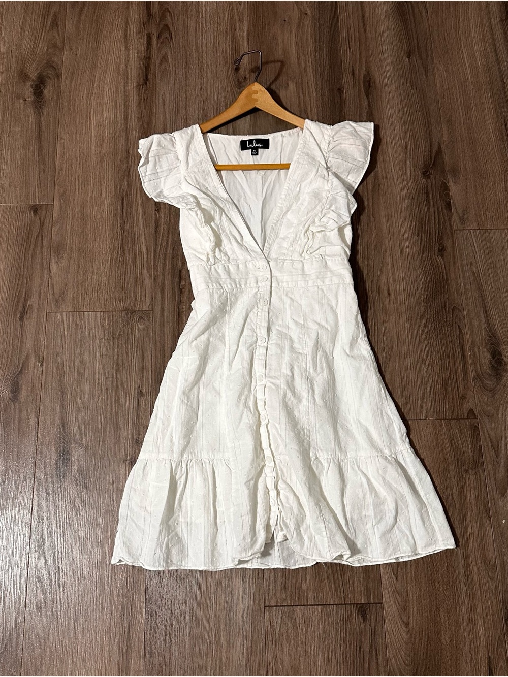 Lulu's COTTON Mini Dress Flutter Ruffle Sleeves V-Neck White